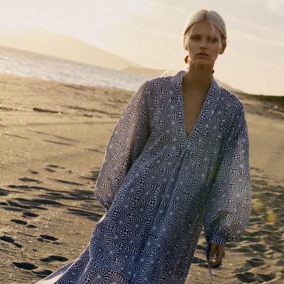 Emily Levine Clemetina Dress Disco Indigo BlockPrint Ultralightweight Cover Up - Picture 1 of 11